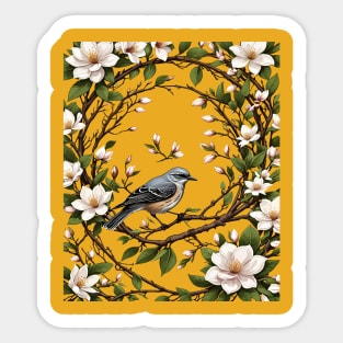 Mississippi Northern Mockingbird And Magnolia Flowers Sticker